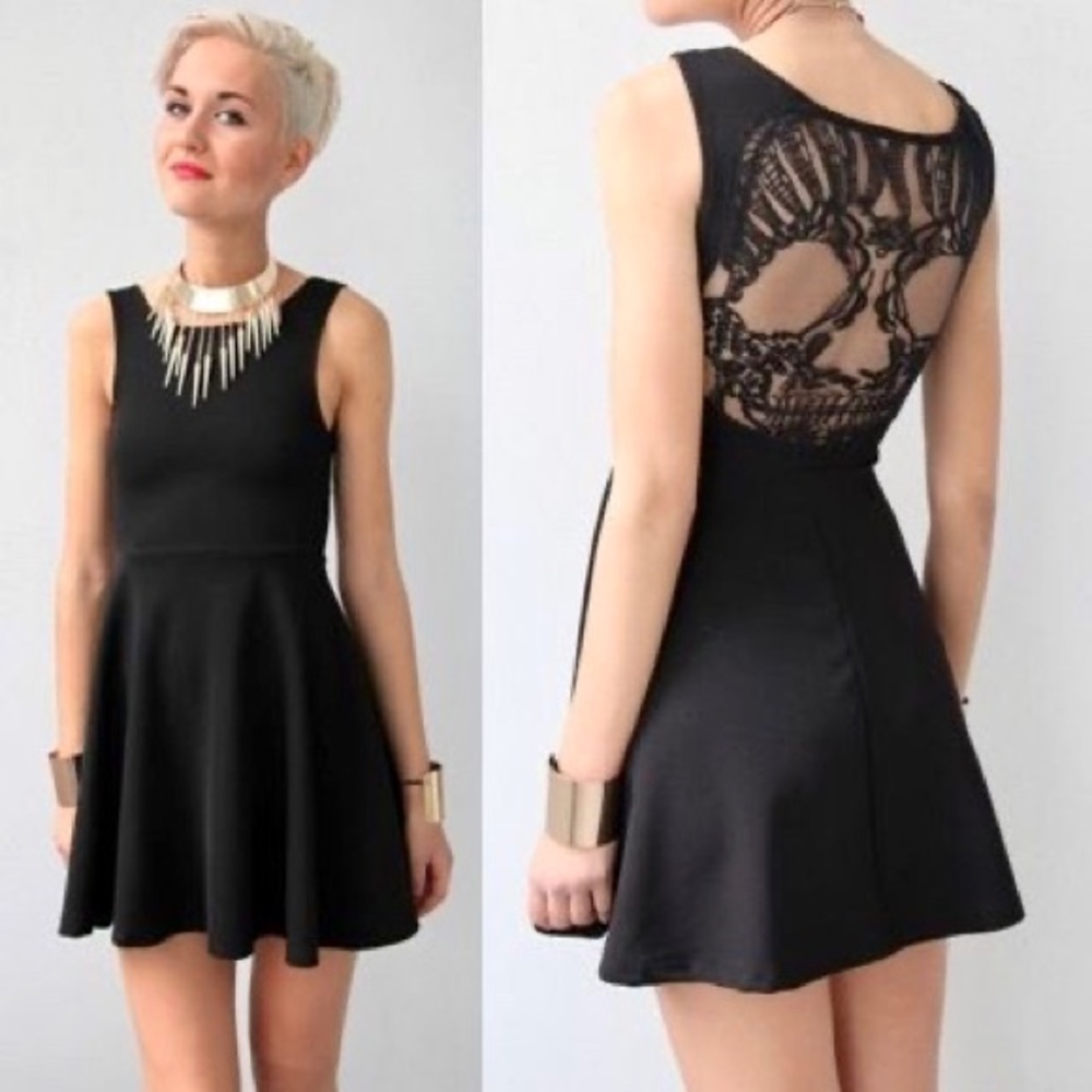 Skull Black Lace Stretch Dress Goth Halloween 6/7 - Picture 3 of 8